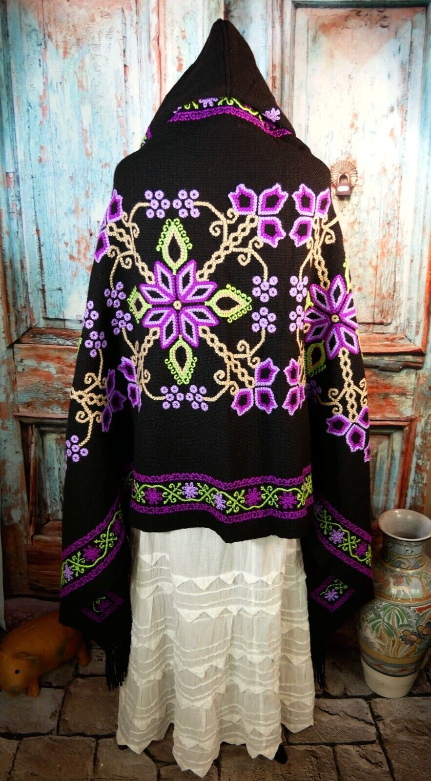 Hooded Poncho Serape Handwoven Hand Embroidered Mazahua Indigenous Mexican Folk