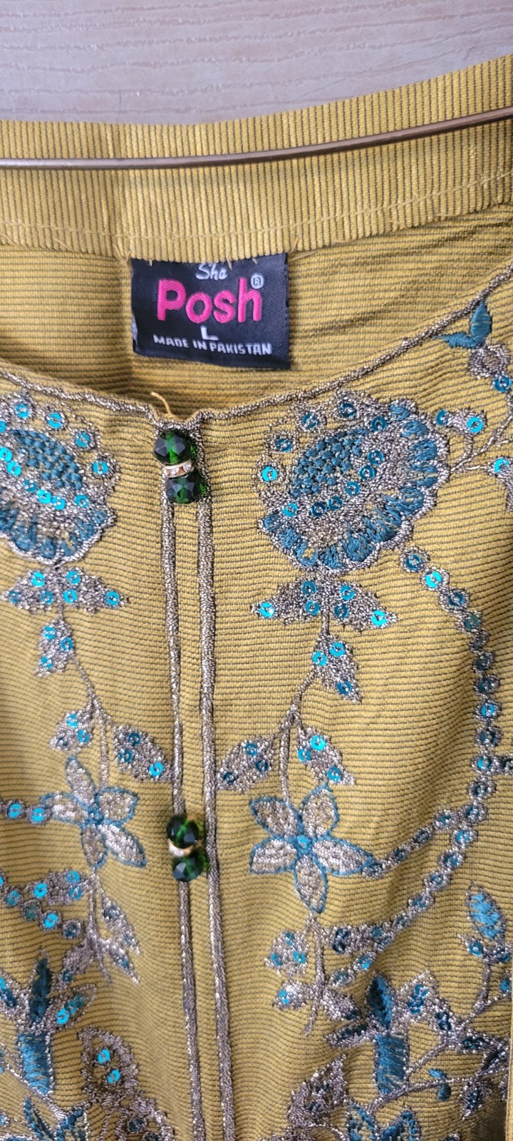 Pakistani Olive Green suite w/ Organza Dupatta thread Embroidery by Posh Brand L