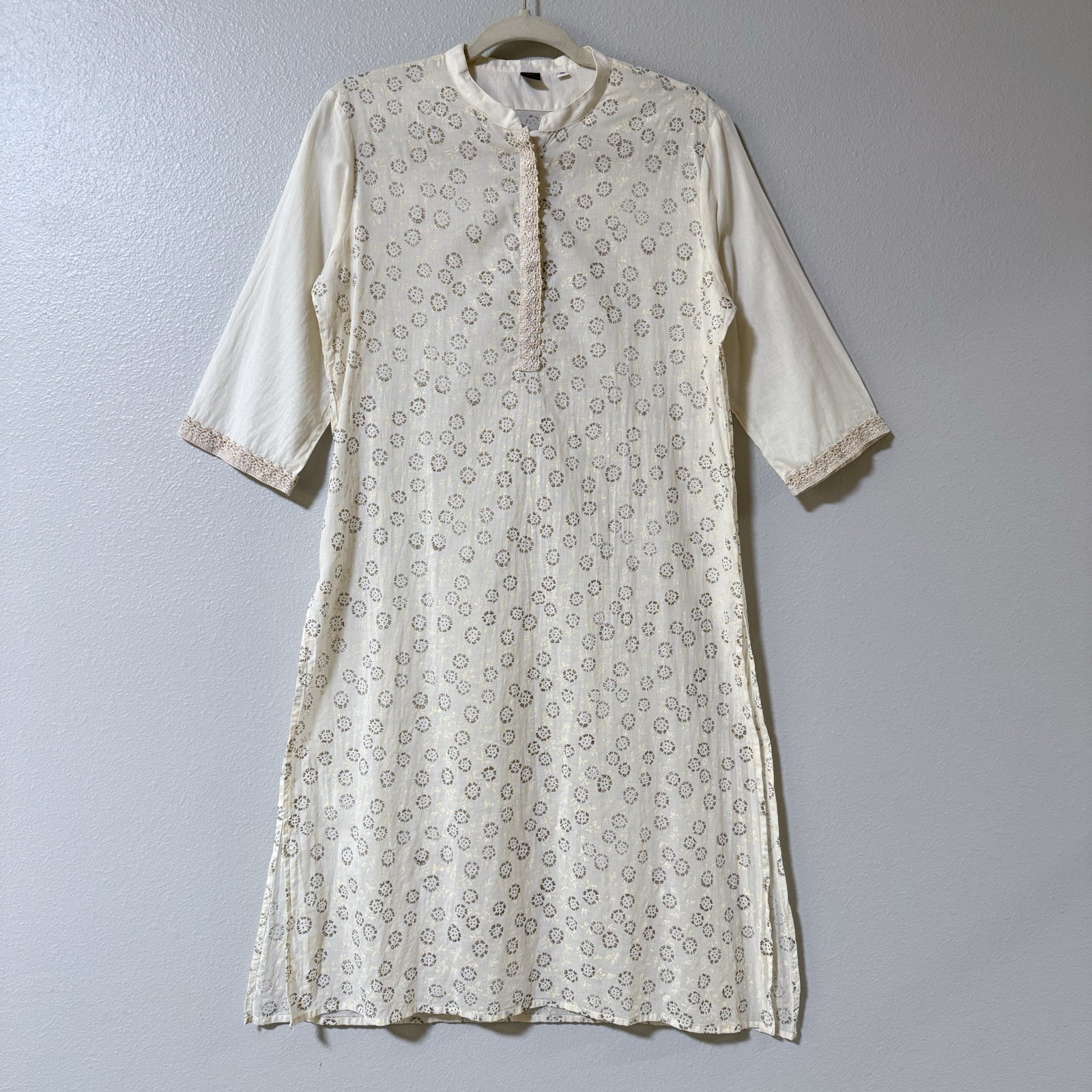 Women’s Kurta Ivory Gold Floral Printed Mandarin Collar Size 38