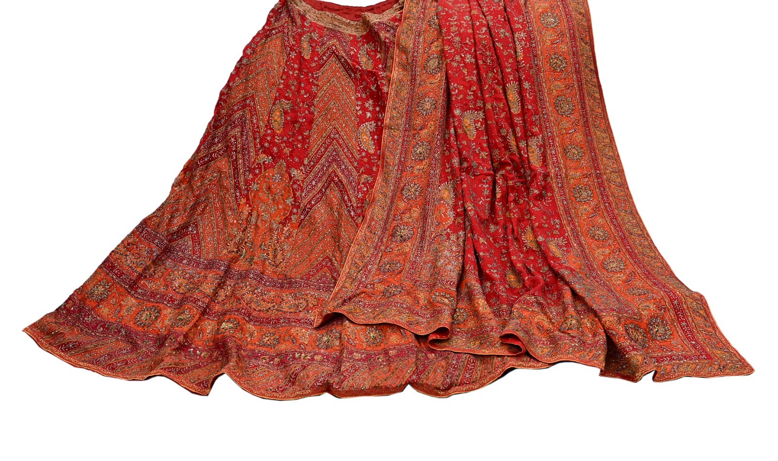 Pre-owned Orange Pure Silk Hand Embroidered Ritu Kumar Designer Lehenga 3pcs set