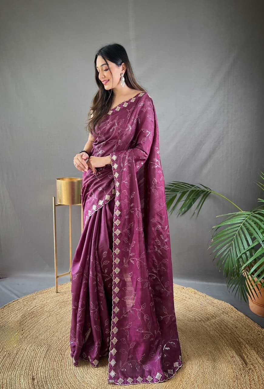 Women’s Pure Ruhi Silk Saree Jal Sequin Work Cutwork Border Party Wear Blouse