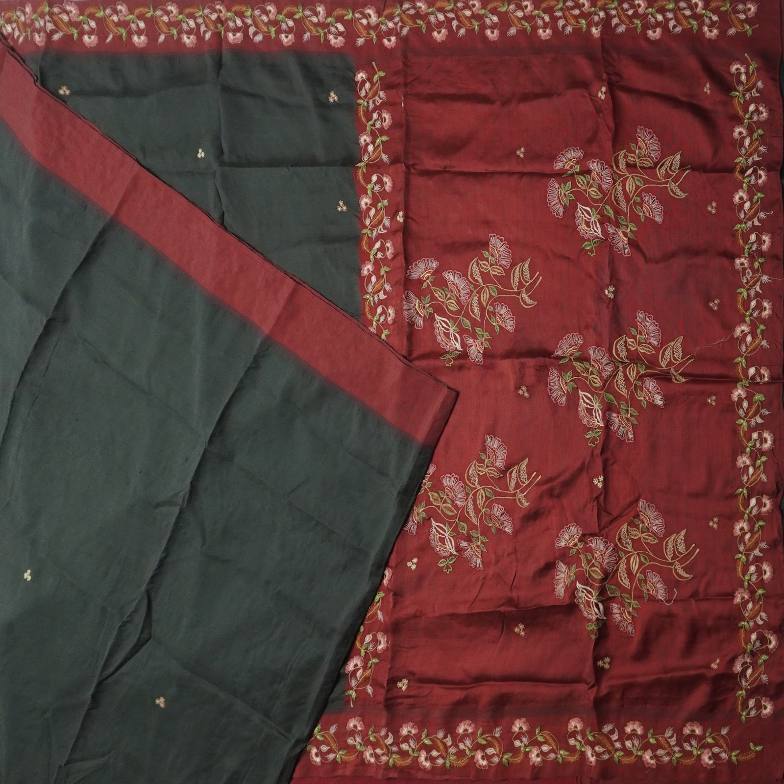 Vintage Black Saree 100% Pure Silk Hand Embroidered Floral Sari 5YD Craft Fabric