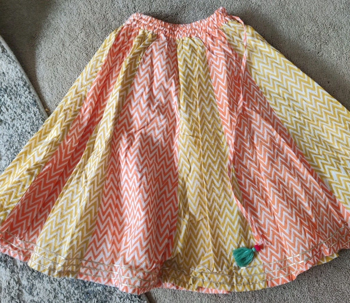 Light Summer Cotton Girls Indian Lehnga Set White Orange Yellow Green 2-3 YRS