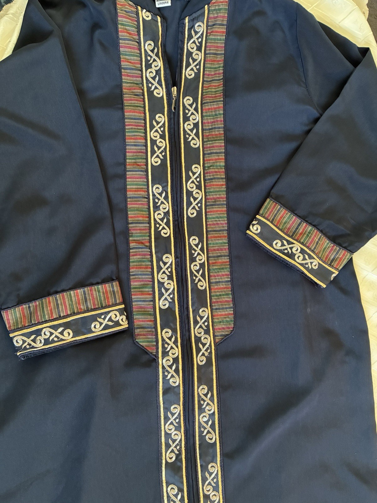 Abayea Dark Blue Cotton women’s size L with Multicolor Embroidered Trim