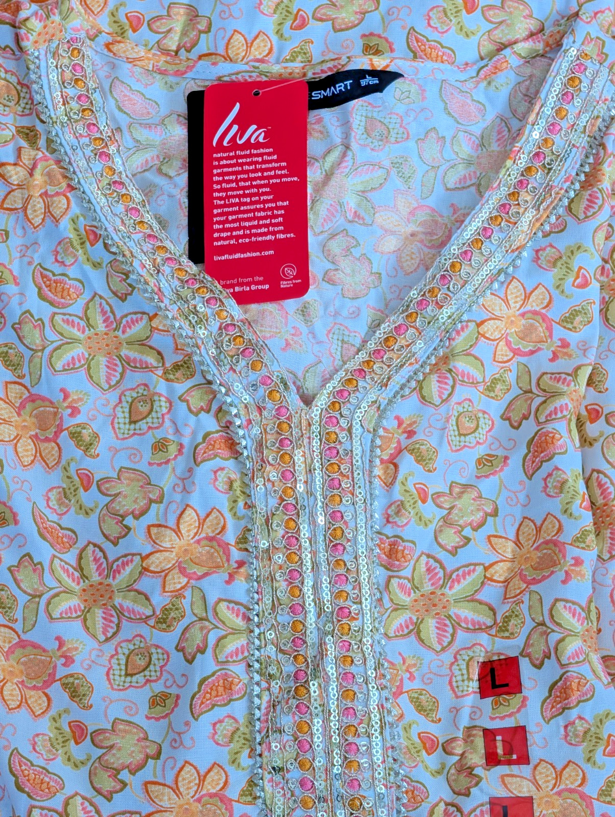 Kurta Top Tunic Printed & Embroidered V-Neck Side Pocket Festive Party Wear Sz L