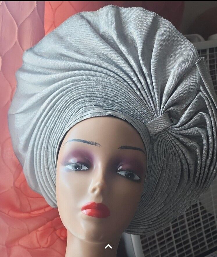 Grey/silver african elegant auto gele made with asooke for women NEW