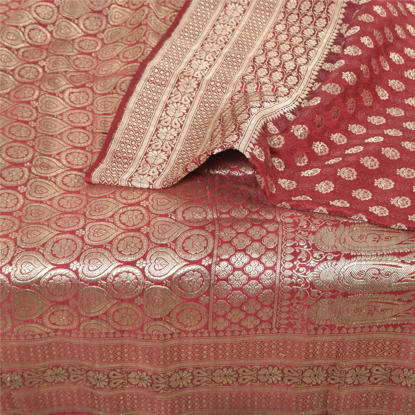 Sanskriti Vintage Red Sarees Pure Satin Silk Woven Brocade Banarasi Sari Fabric