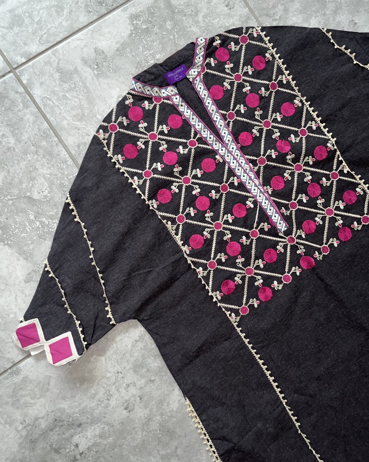 SANA SAFINAZ Geometric Embroidered Cotton Kurti Tunic Shirt Dress NEW Gray L