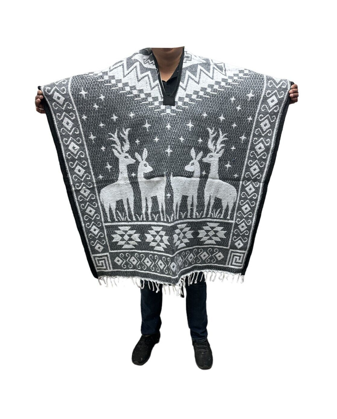 MEXICAN PONCHO ,DEER ,WINTER, SARAPE , REVERSIBLE , GABAN , HEAVY PONCHO , GRAY
