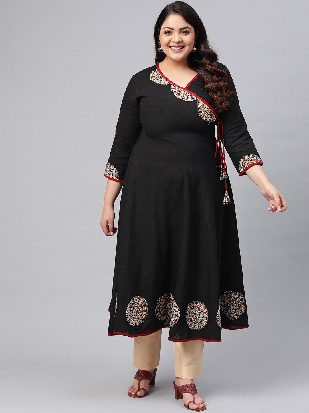 Black Cotton Slub Angrakha Kurta with Patch Work, 3/4 Sleeves V Neck Kurti