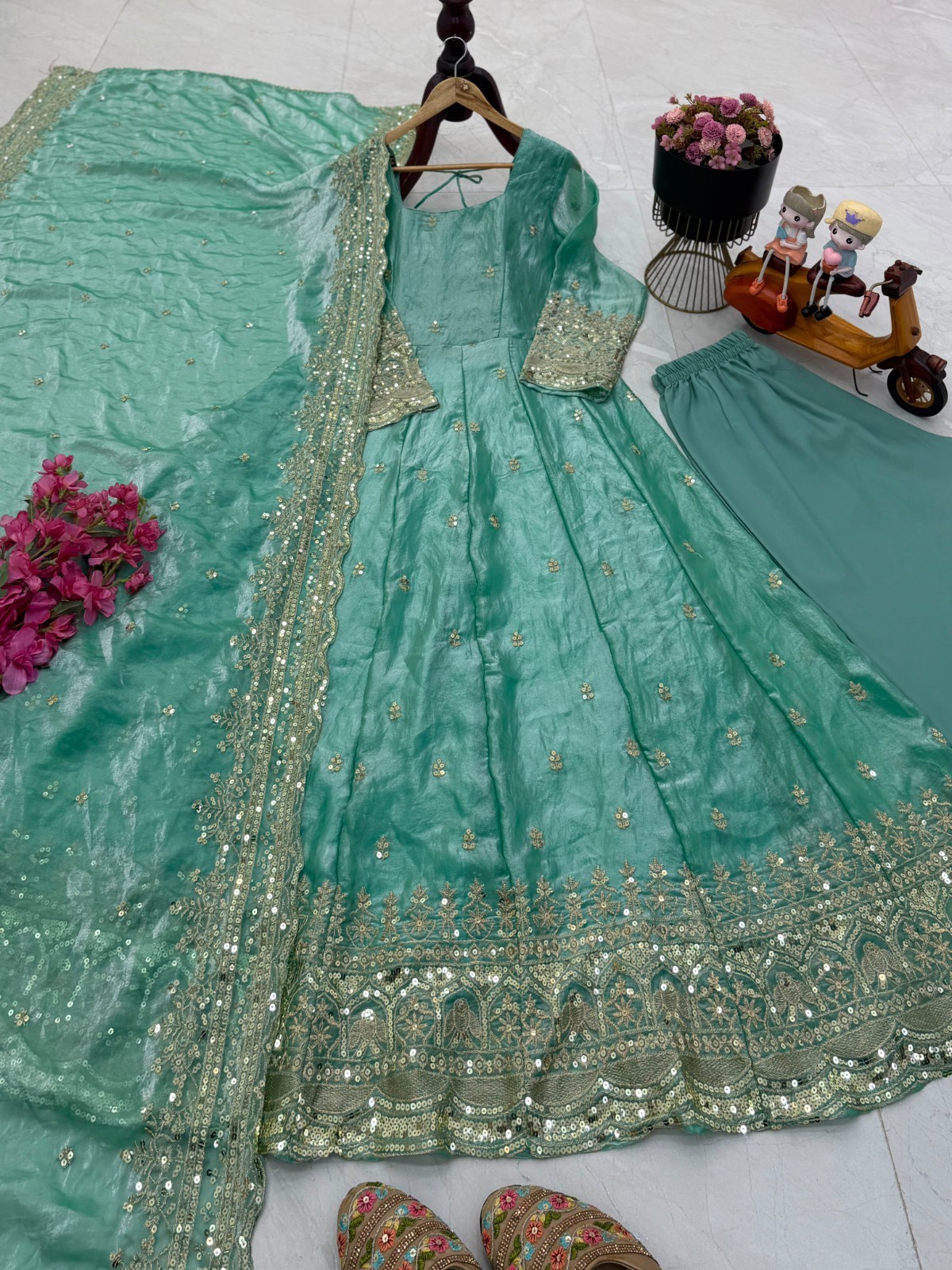 Sky Blue Fendy Silk Ready Made Designer Embroidered Anarkali Suit Party Wear XXL