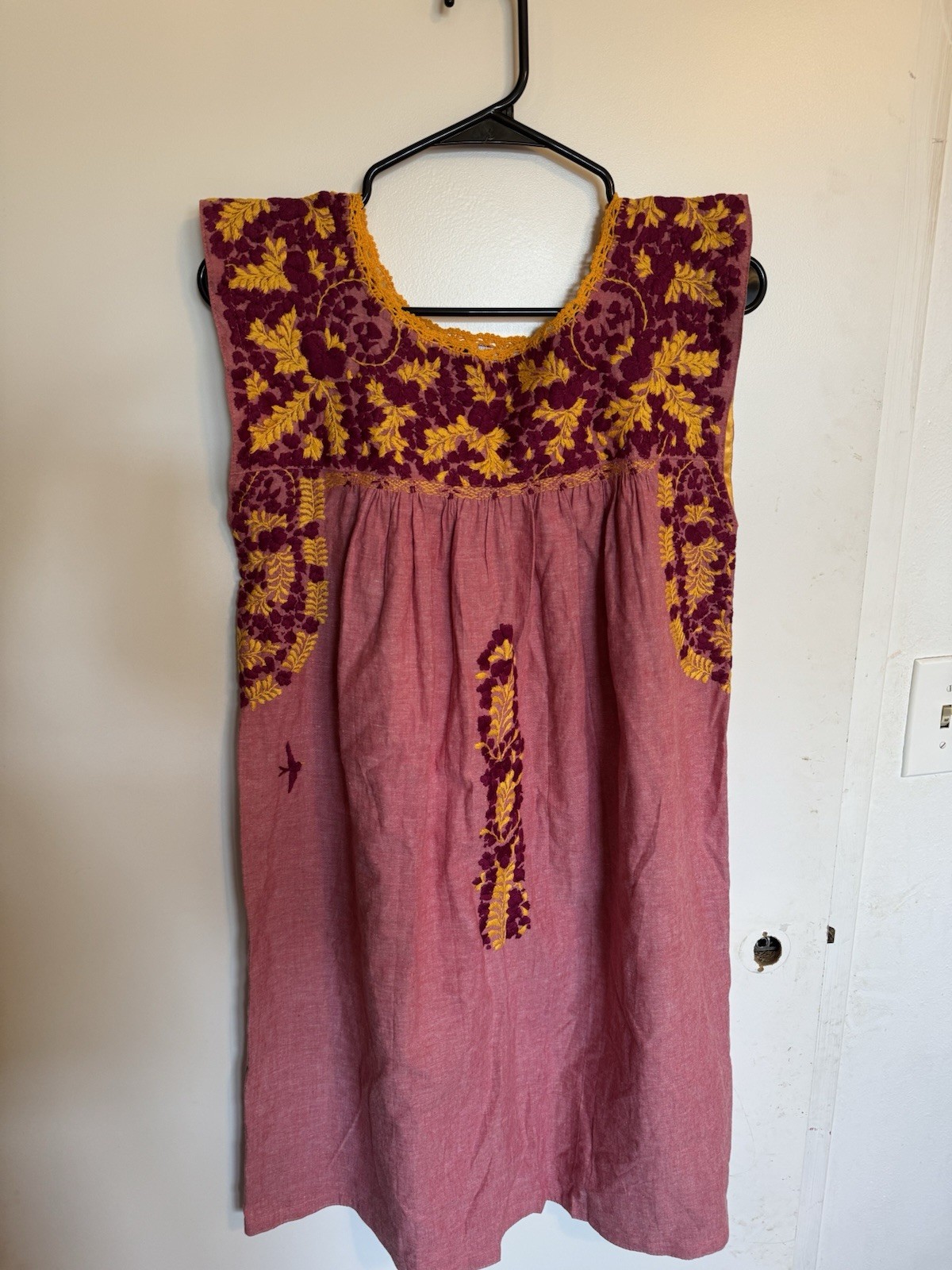 Mi Golondrina Mexico Yellow and burgundy Embroidered Blouse, Size S small