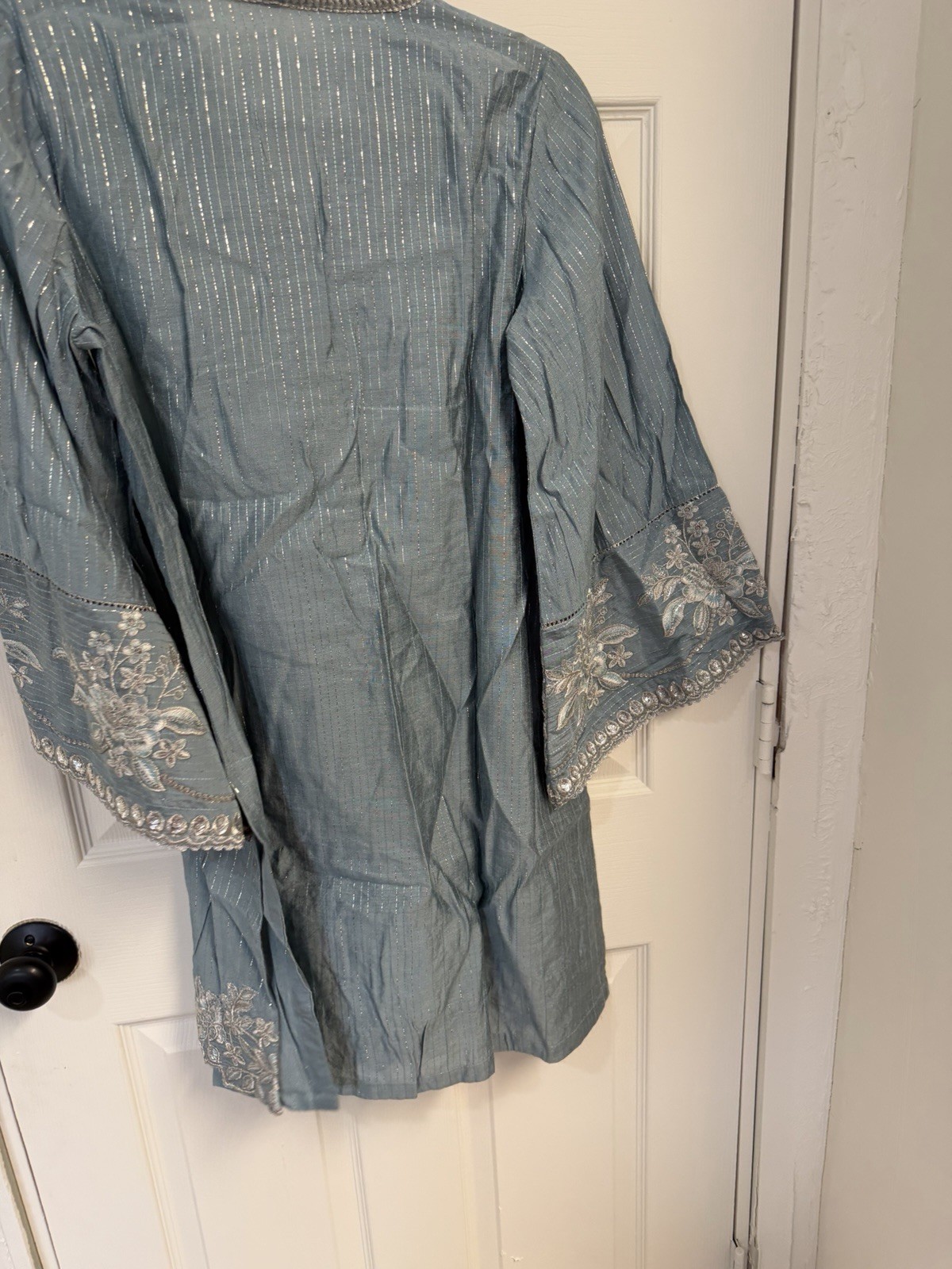 Maria B Size Medium Light Blue and Silver Embroidered 3 Piece Kameez Shalwar