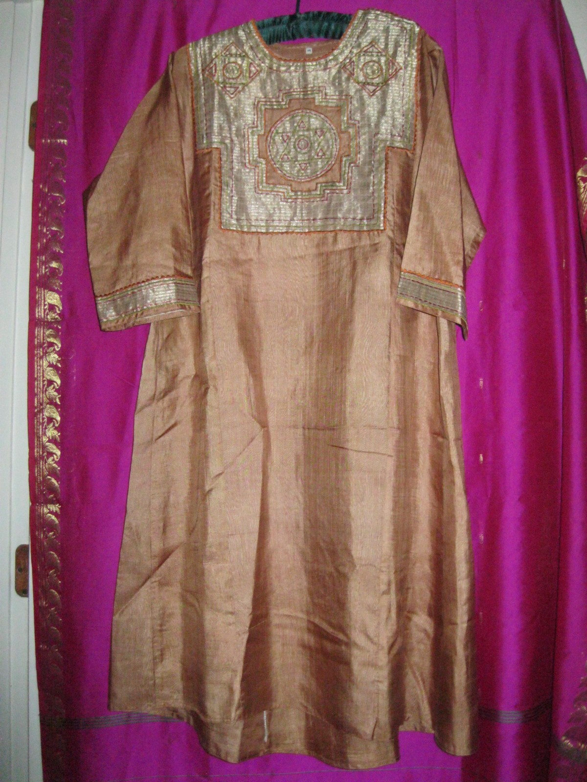 INDIA, SILK GARMENT SZ. M., MANGO COLORED W/ GOLD THREAD FRONT, 3/4 SLEEVES
