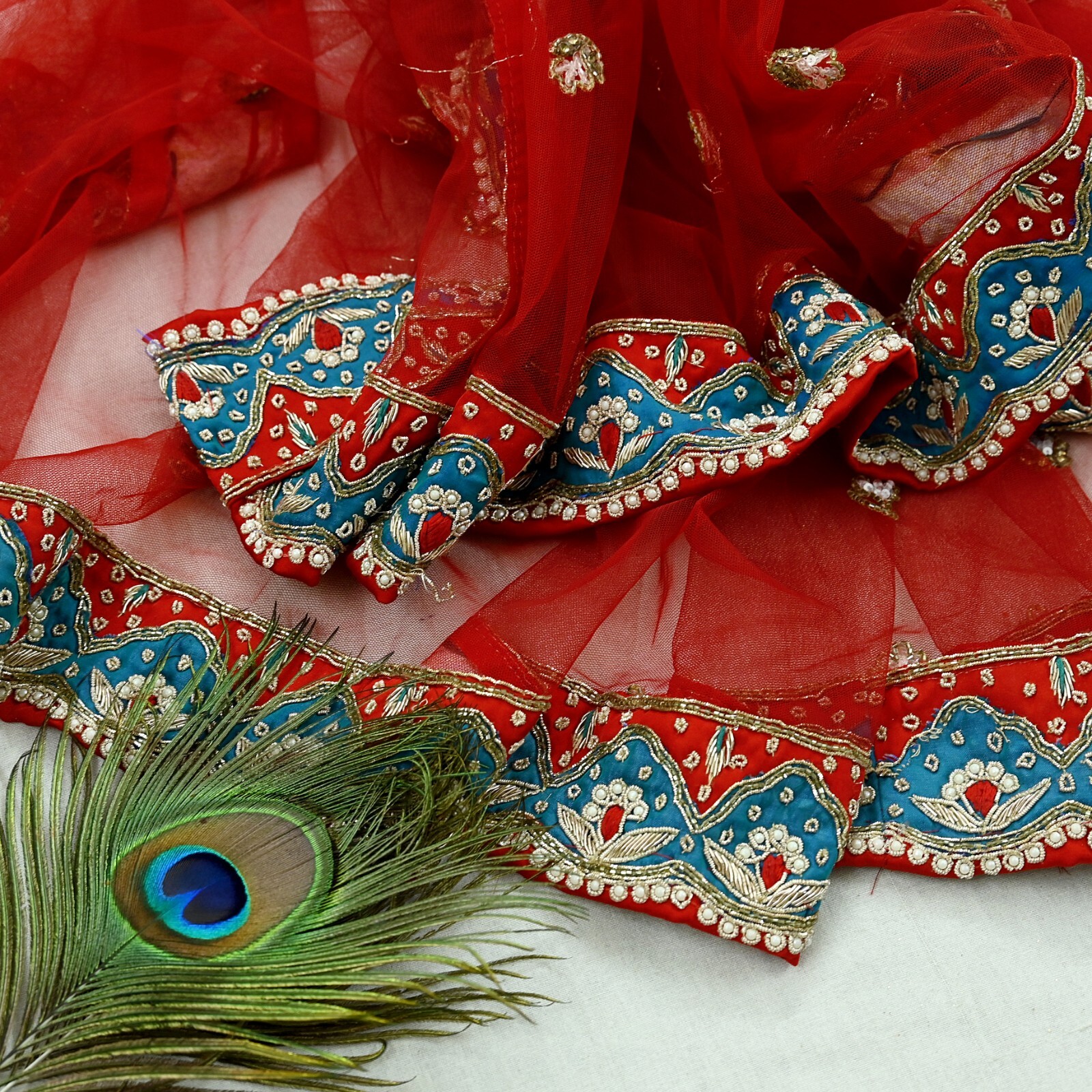 Pre-owned Red Satin Silk Hand Embroidered Designer By Anamika Khanna Lehenga Set