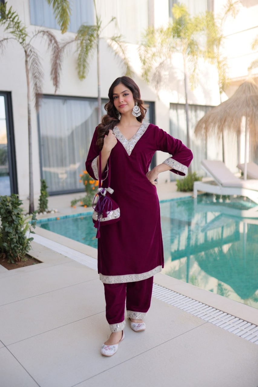 ReadytoWear Velvet Kurti Pant Set | Eid Party Outfit Zari Mirror | S M L XL XXL