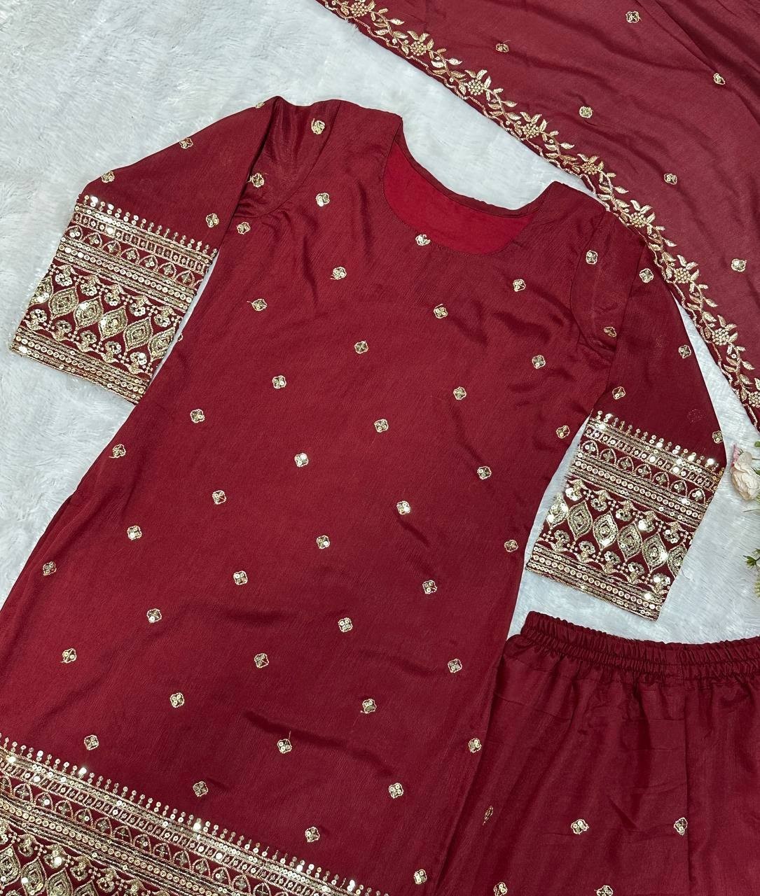 Stylish Look Heavy Vichitra Silk Maroon Top Palazzo With Dupatta For Women Wear