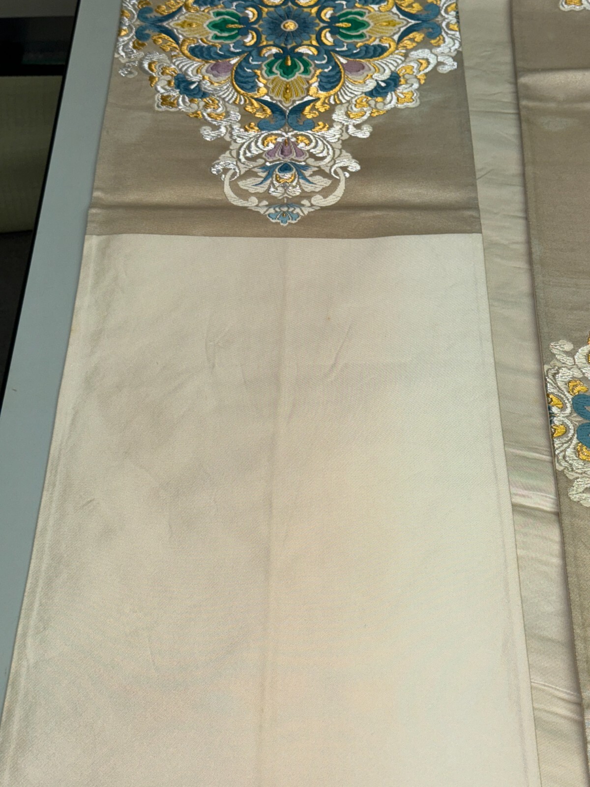 Japanese Vintage Kimono Fukuro Obi silk White Embroidery Expensive Dirt 170x12in