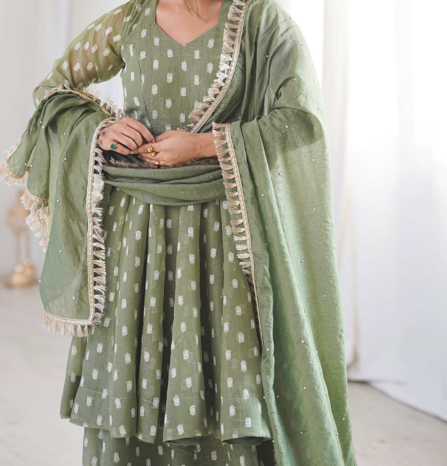 Stylish Heavy Crunchy Silk Green Top Palazzo With Dupatta For Wedding Wear