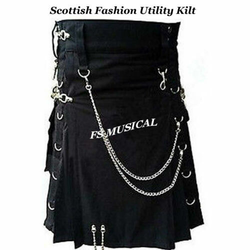 Scottish Fashion Utility Kilt Custom Handmade 100% Black Cotton Unisex Adult