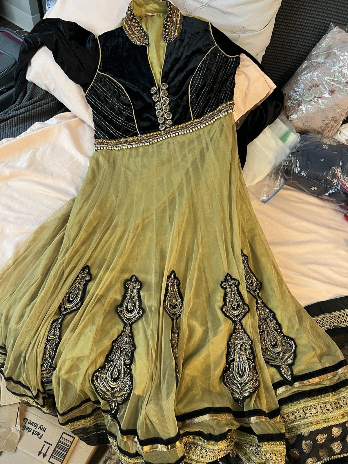 Anarkali Suit Black And Greenish Beige Khaki Beauty
