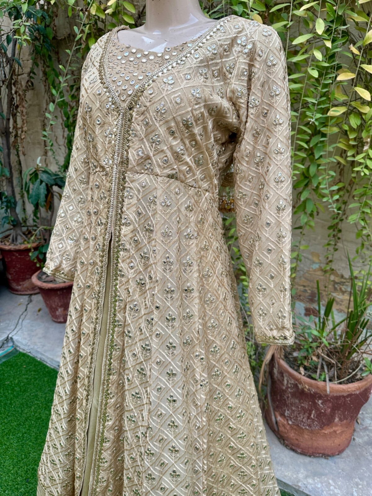 Pakistani Beige double Long Maxi Style Embroidered Sequins Chiffon Dress,L#1