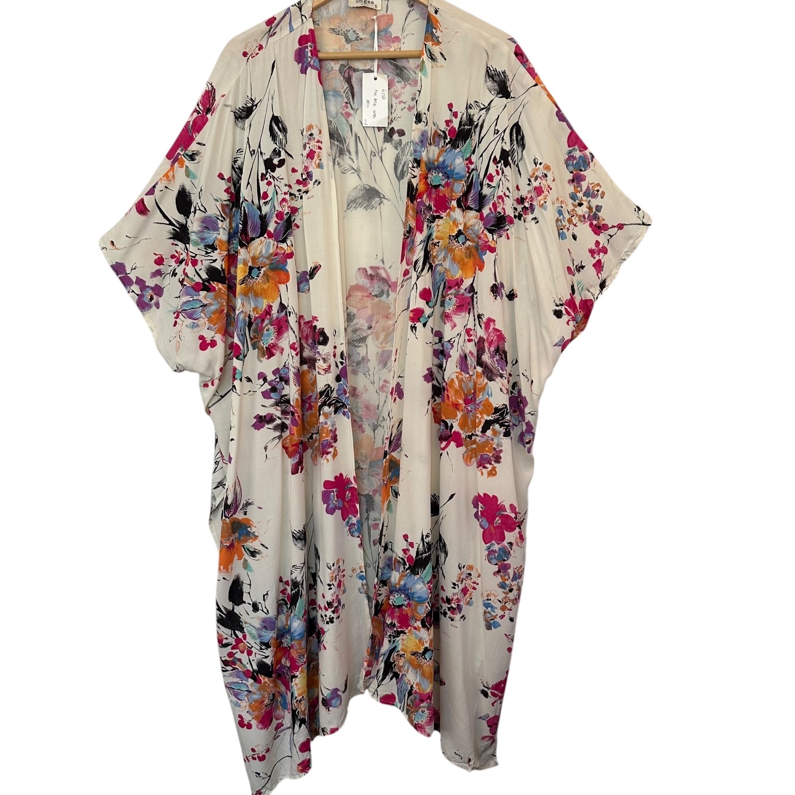 Umgee USA Floral Print Open Front Long Kimono Size L/XL Beach Vacation Boho
