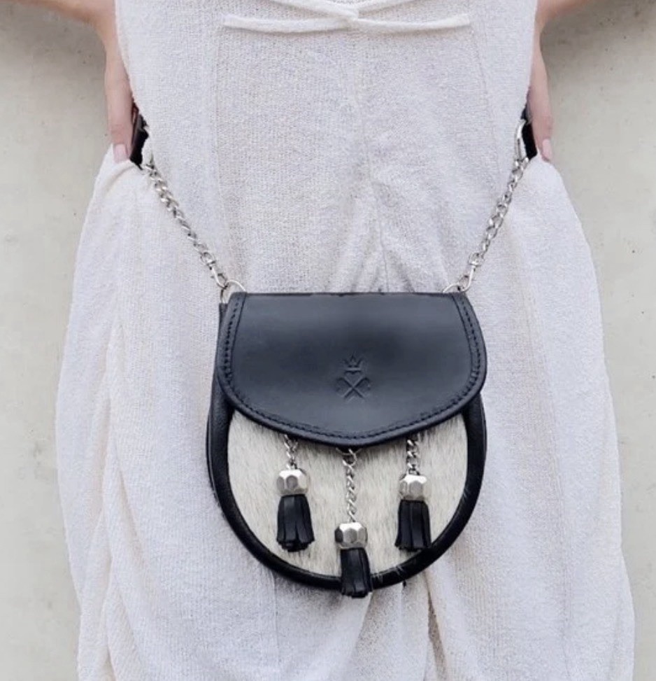 NIXEY Black & Cream Leather Sporran Chain & Tassels Crossbody Waist Shoulder