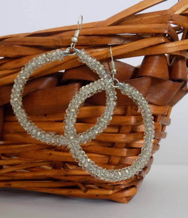 Handmade Mexican Huichol Hoop Earrings – Clear Beads – Aretes Artesanales