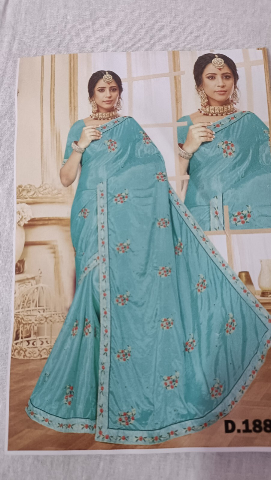 Beautiful Silk Yellow Red Golden Color All Embroidery Flower Anniversary Saree