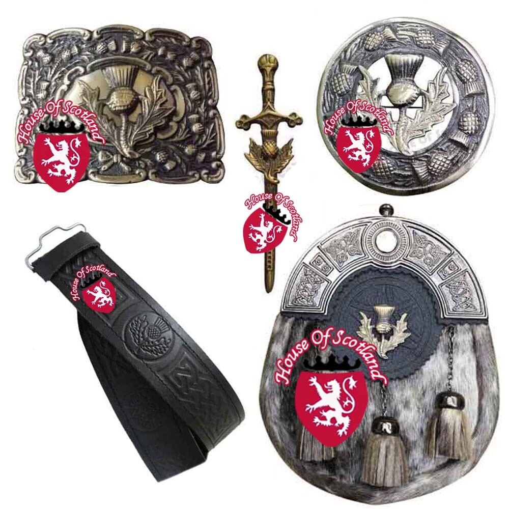 Highland Kilt Outfit Full Dress Sporran Leather Thistle Belt Buckle Pin & Brooch