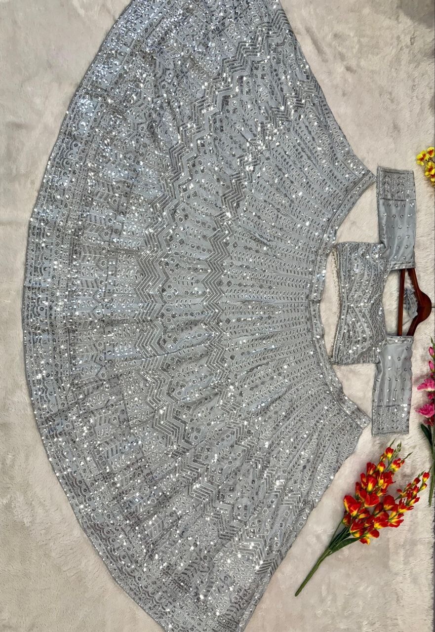 Attractive Look Rangoli Silk Grey Lehenga Choli With Dupatta For Wedding Wear