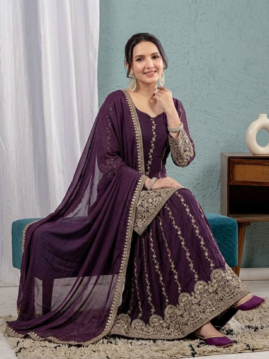 Women’s Crunchy Silk Sharara Suit Set Embroidered Kurta Dupatta Party Wear
