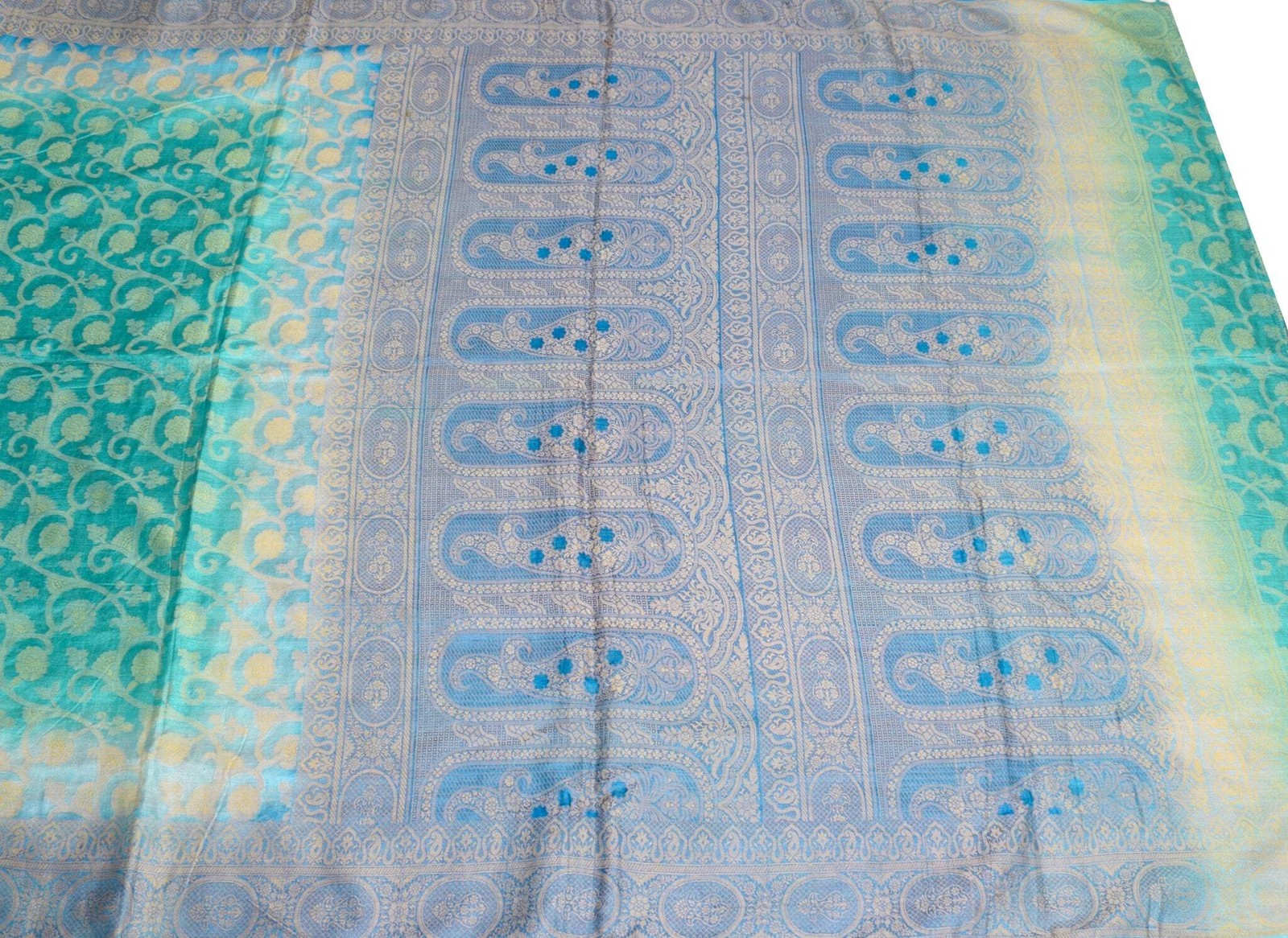 Sushila Vintage Teal Blue Saree All Over Woven Pure Tussar Silk Used Sari Fabric