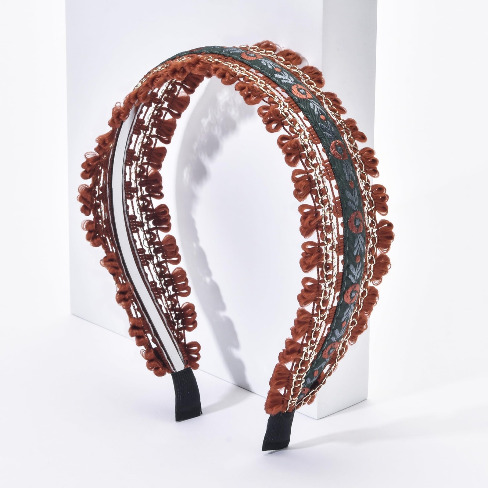 Boho Ethnic Wind Embroidery with Floral Headband Non-slip Elastic Brown Metal…