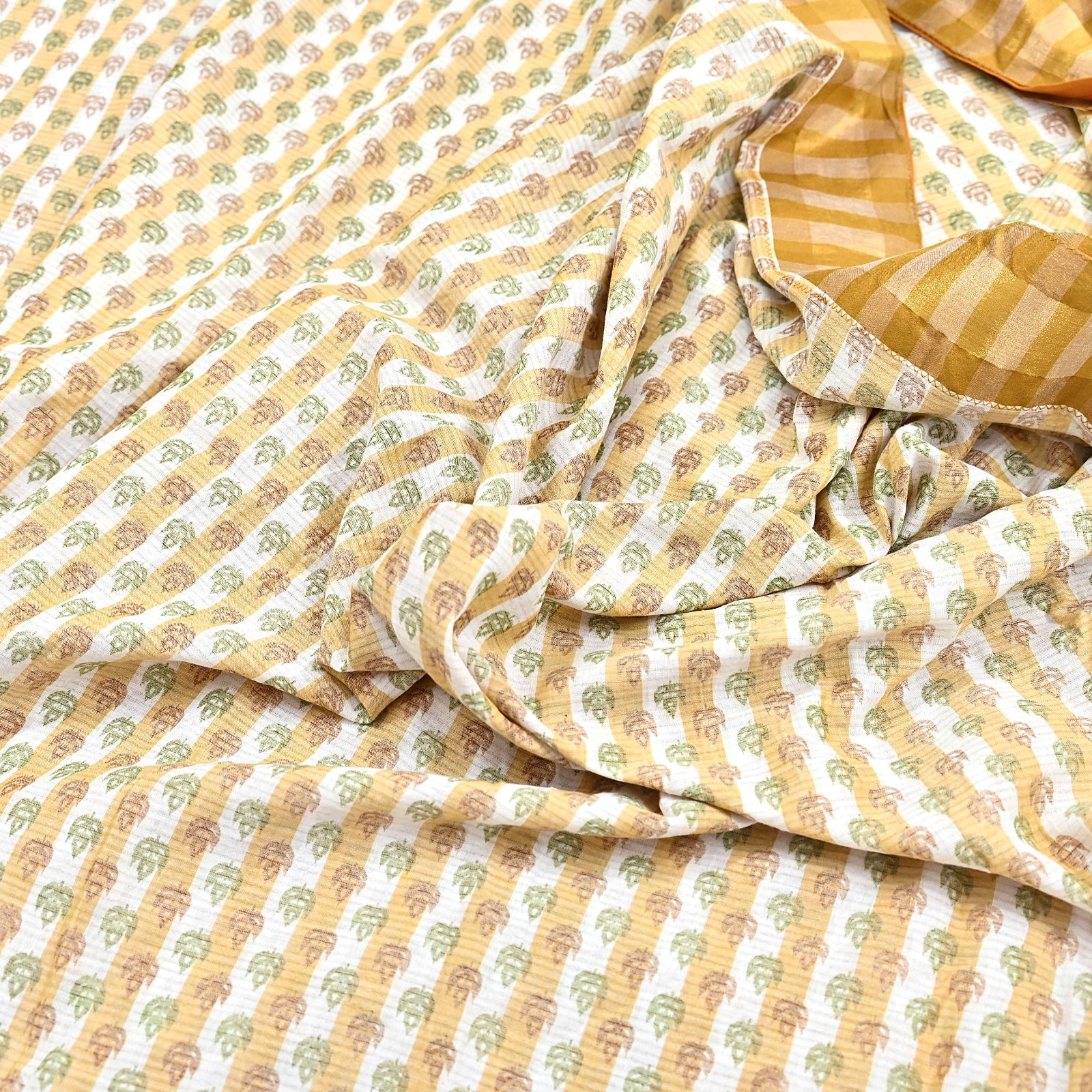 Indian Vintage Sari White & Beige Printed Pure Cotton Sarees Craft Fabric 5YD