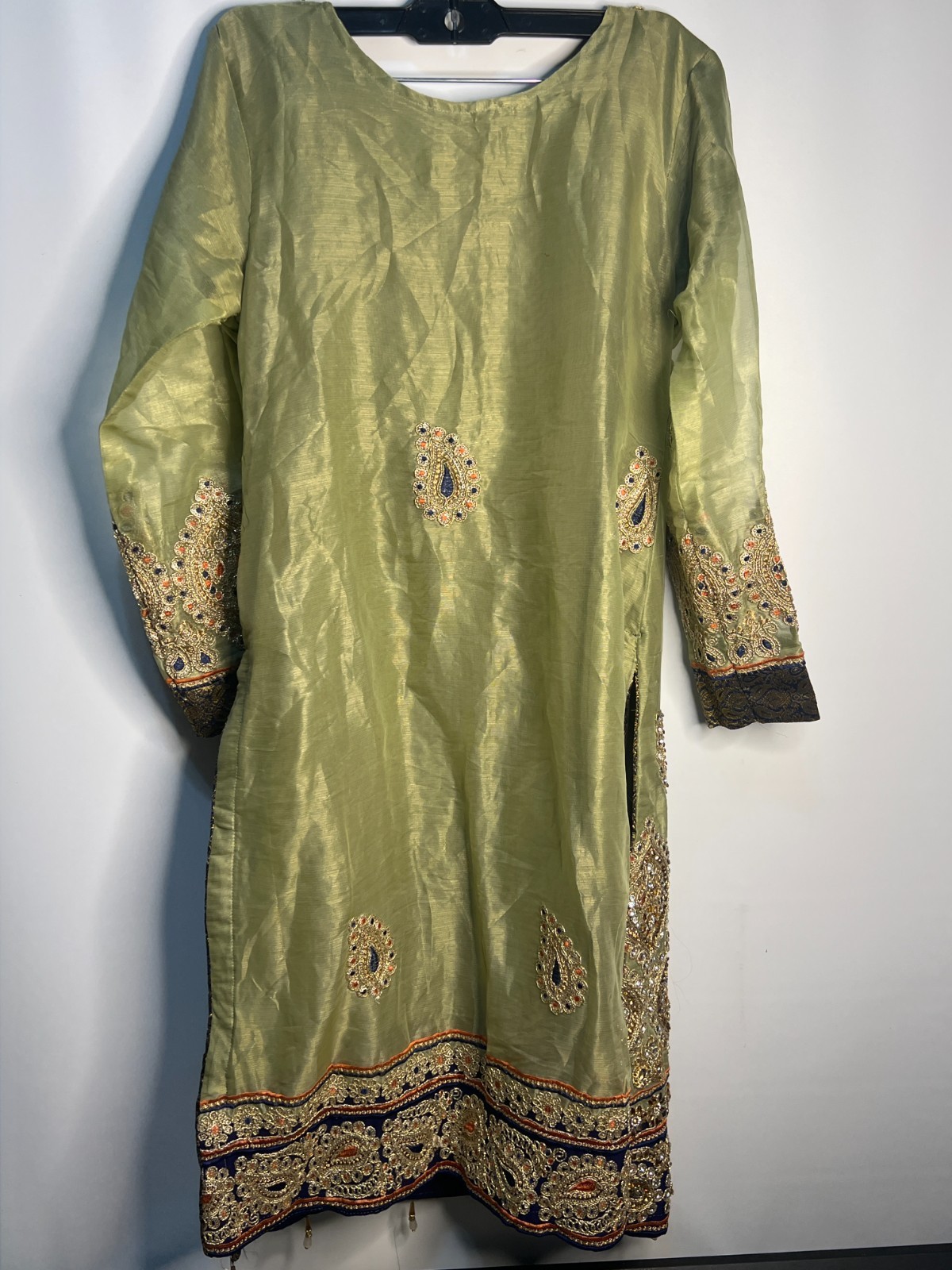 Indian Embroidered Kurta Tunic Olive Green Gold Beaded Formal Preowned