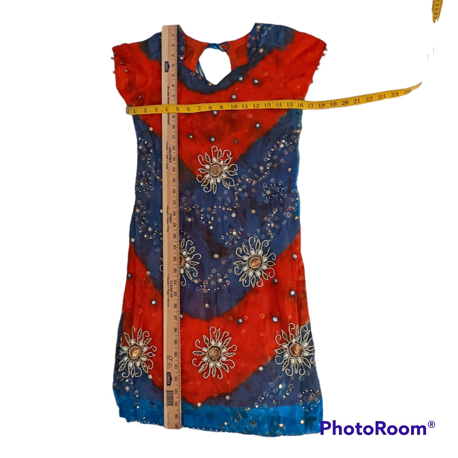 Indian Kurti Tunic Top Dress Women’s Sz 38 Red Blue Short Sleeves Bells Lined