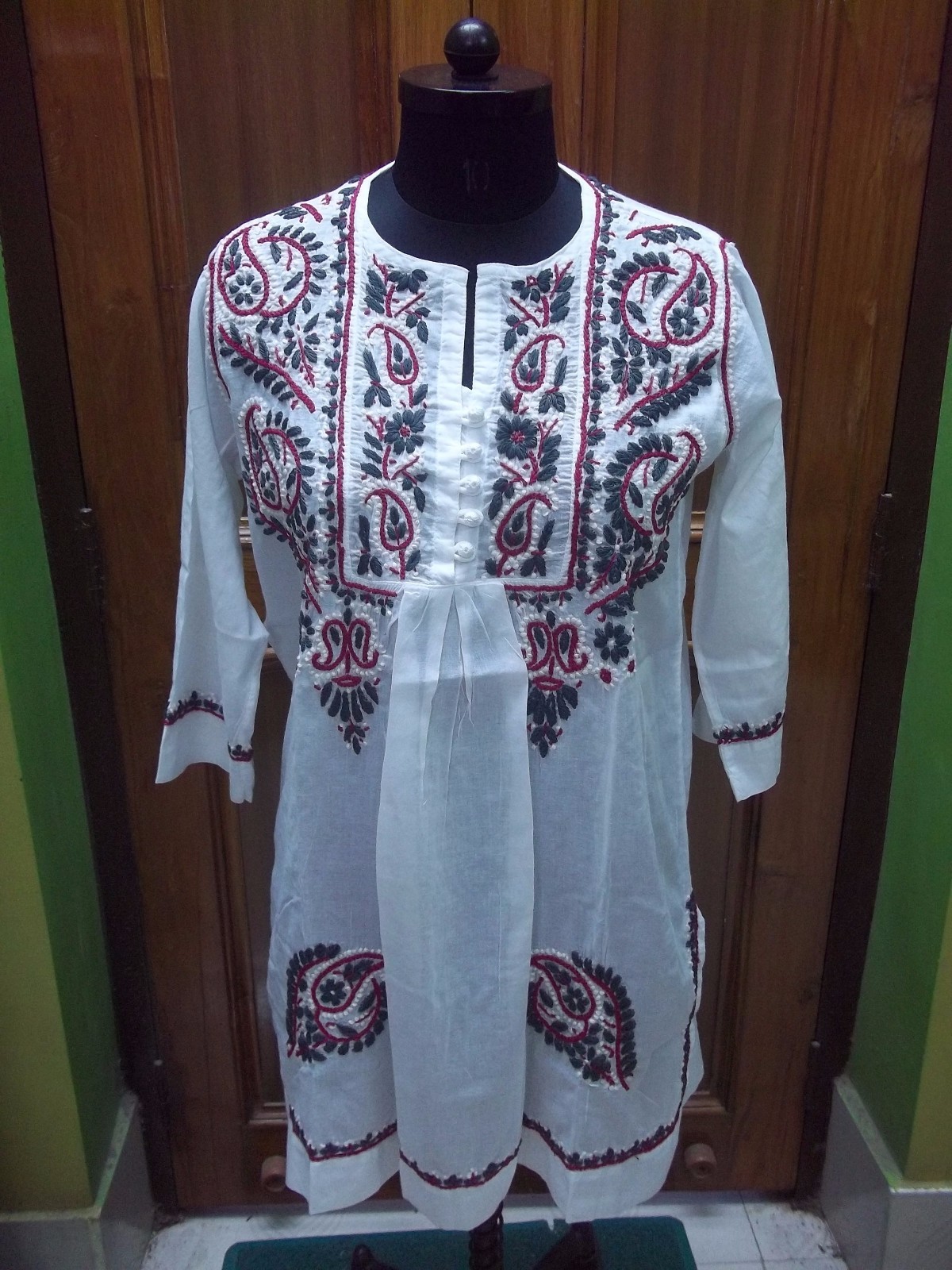 L 42″ KURTA KURTI TUNIC 100% COTTON ETHNIC CHIKAN EMBROIDERY HANDMADE TOP BLOUSE