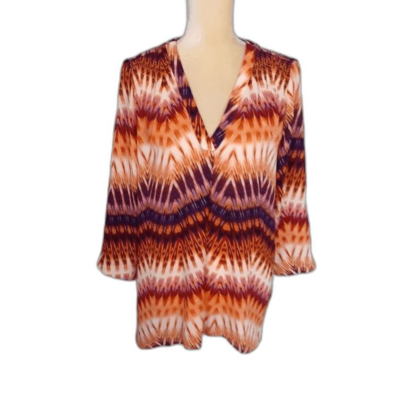 Boho batik a.n.a. pullover blouse L peach purple 3/4 sleeves 100% polyester
