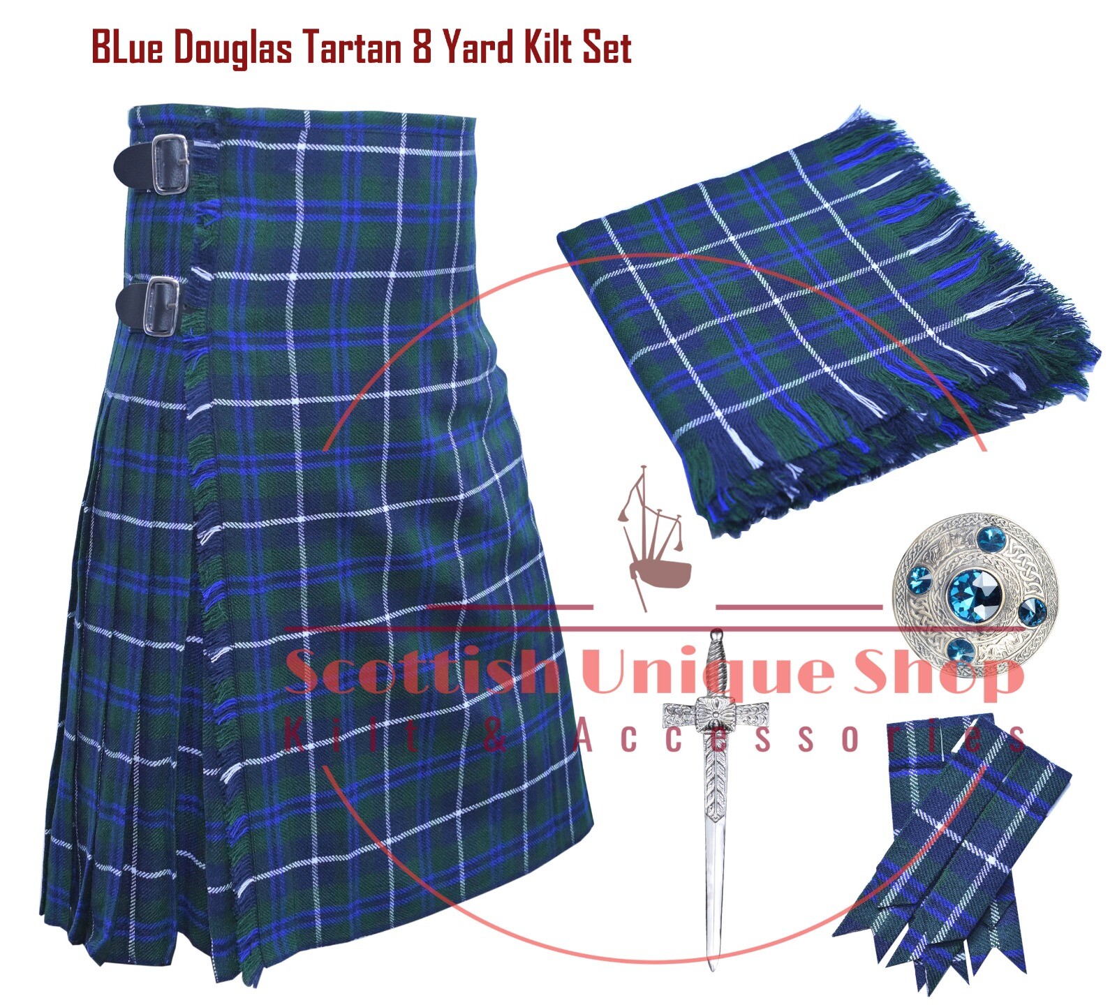 Blue Douglas Tartan 8 Yard kilt – Men Scottish Traditional 13Oz kilt Custom Size