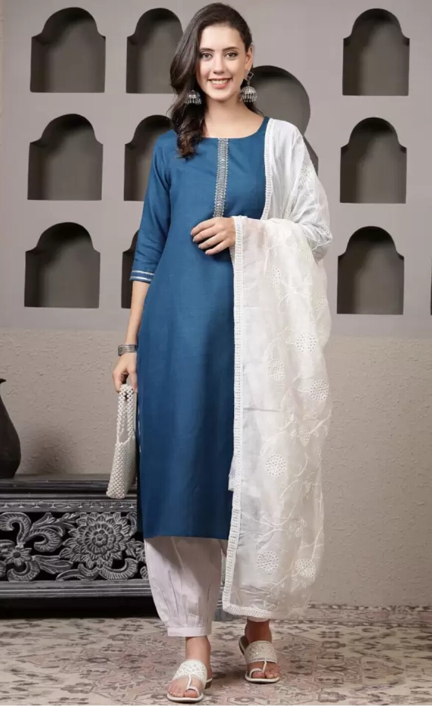 Indian Wear ; Women Teal Blue Lace design Solid Kurta Salwar and dupatta
