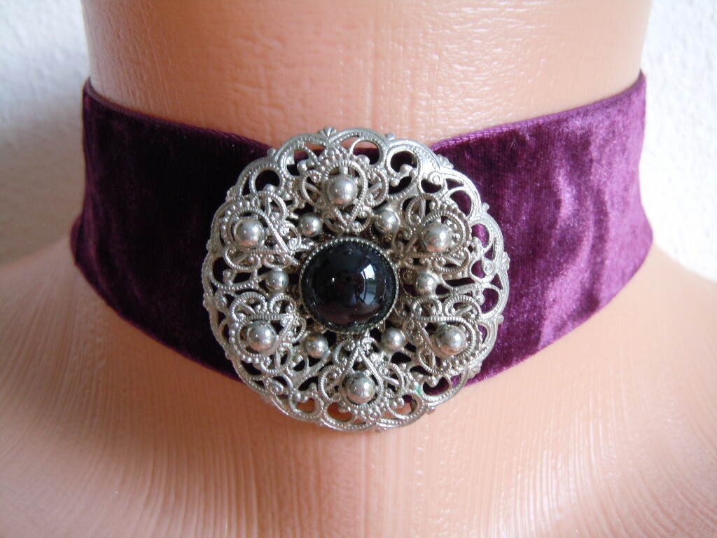 Chain Necklace Choker Velvet Ribbon Wine Red Applique Stone Uniform L29-14