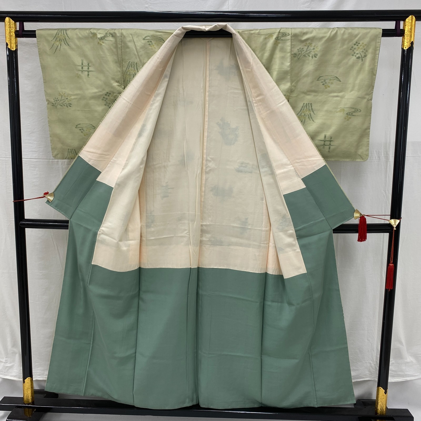 Japanese Vintage Kimono Polyester Green Komon Traditional Authentic Length 60in