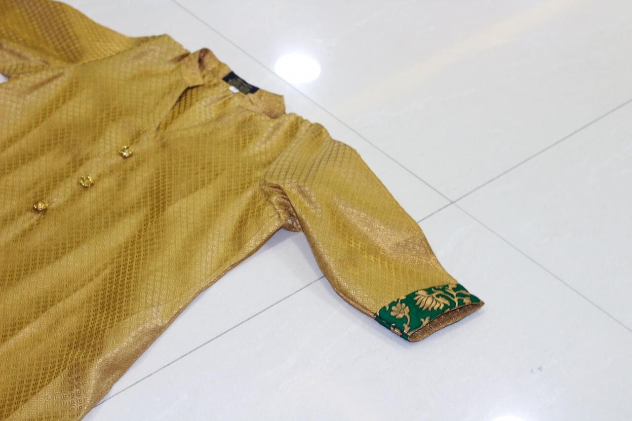 Indian Pakistani Gold Suit with Silk Jamawar Green Pants – Size 46/2XL