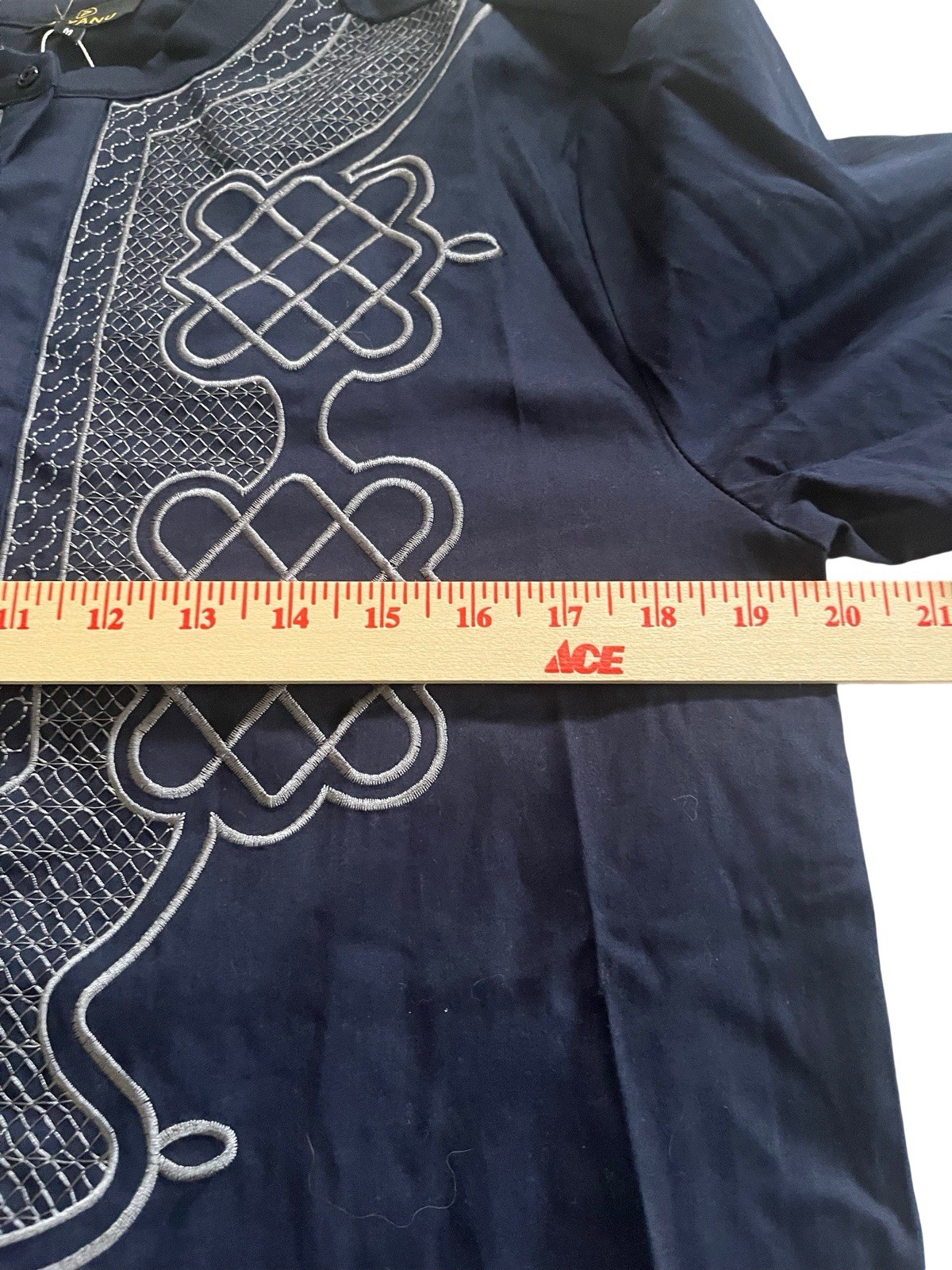 Diyanu Dubaku African Dashiki Long Sleeve Navy Blue Silver Geometric Size Med