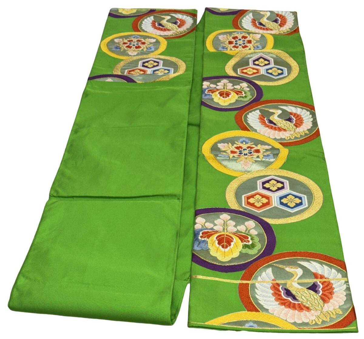 Japanese Vintage Kimono Fukuro Obi silk green expensive embroidery 170×12.2in