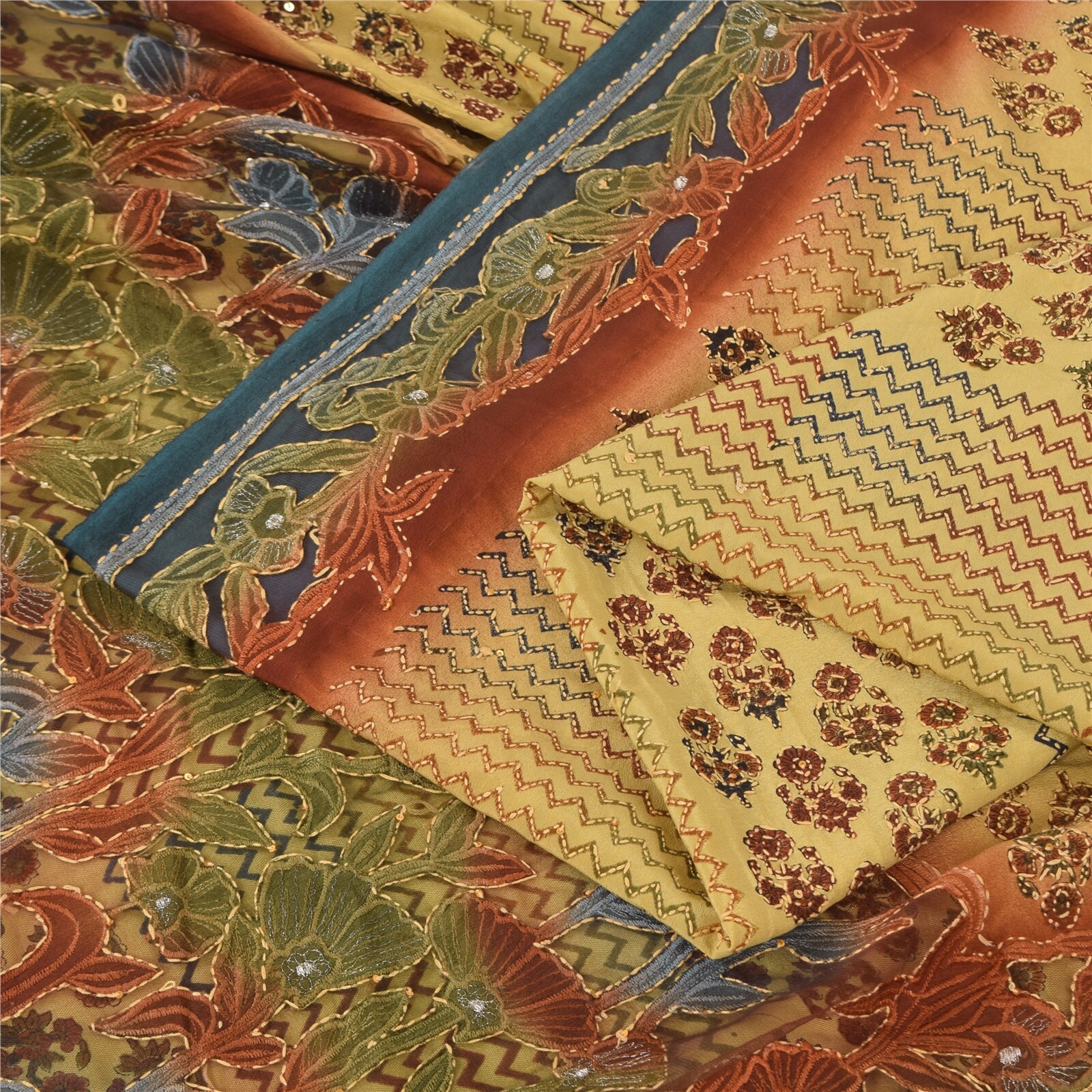 Sanskriti Vintage Sarees Pure Silk/Net Hand Embroidered Kantha Sari Craft Fabric