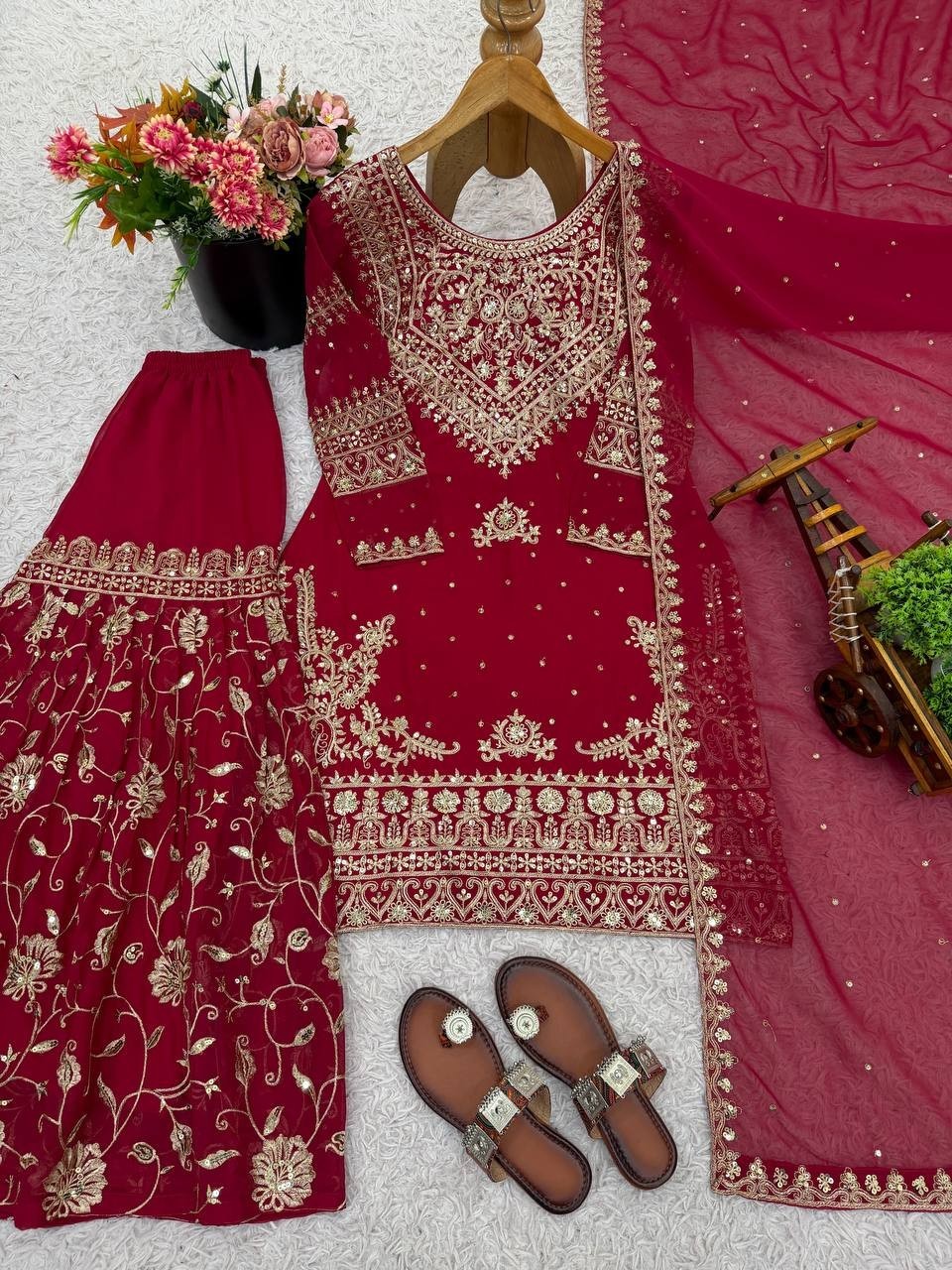 Maroon Designer Heavy Georgette Top Palazzo With Dupatta For Function Wear