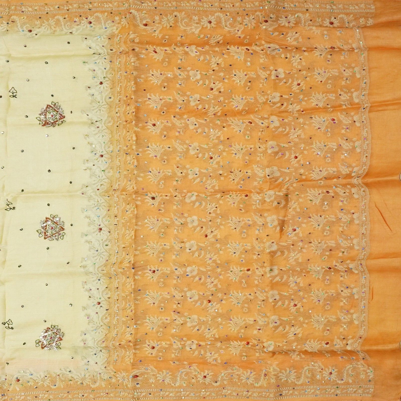 Vintage Cream Sarees 100% Pure Silk Woven Sequins Embroidered Sari 6YD Fabric
